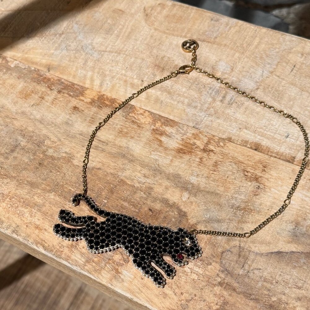 Gucci Crystal Embellished Black Panther Gold Necklace